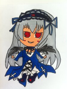 Rating: Safe Score: 0 Tags: 1girl blush chibi choker detached_collar dress frills full_body image long_hair red_eyes simple_background smile solo suigintou traditional_media wings User: admin