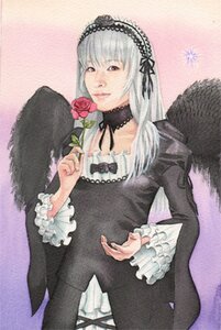 Rating: Safe Score: 0 Tags: 1girl black_dress black_wings dress flower frills hairband holding_flower image long_hair long_sleeves looking_at_viewer rose silver_hair solo suigintou wings User: admin