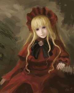 Rating: Safe Score: 0 Tags: 1girl blonde_hair blue_eyes bonnet bow bowtie dress flower image long_hair long_sleeves red_dress rose shinku solo User: admin