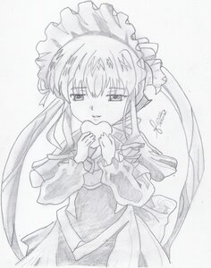 Rating: Safe Score: 0 Tags: 1girl dress eyebrows_visible_through_hair food greyscale holding holding_food image long_hair long_sleeves looking_at_viewer monochrome shinku simple_background solo striped traditional_media vertical_stripes white_background User: admin