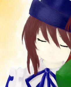 Rating: Safe Score: 0 Tags: 1girl blue_headwear blue_neckwear brown_hair closed_eyes hat image ribbon short_hair simple_background solo souseiseki striped User: admin