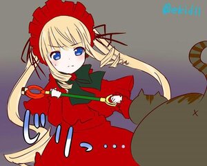 Rating: Safe Score: 0 Tags: 1girl blonde_hair blue_eyes blush bonnet bow bowtie dress drill_hair image long_hair long_sleeves looking_at_viewer red_dress shinku sidelocks simple_background solo twintails User: admin