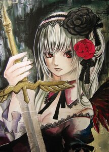 Rating: Safe Score: 0 Tags: 1girl bad_id bad_pixiv_id bow breasts cleavage flower hair_bow hair_flower hair_ornament headdress highres image lace long_hair nail_polish red_eyes rose rozen_maiden solo suigintou sword traditional_media weapon white_hair yuhka User: admin