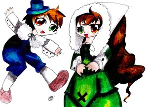 Rating: Safe Score: 0 Tags: dress fur_trim green_eyes hat heterochromia image long_sleeves multiple_girls open_mouth pair pants red_eyes siblings sisters souseiseki suiseiseki top_hat twins User: admin