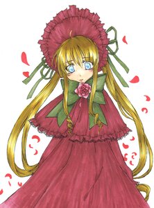 Rating: Safe Score: 0 Tags: 1girl blonde_hair blue_eyes bonnet bow bowtie capelet dress flower green_bow image long_hair long_sleeves looking_at_viewer petals pink_flower red_dress rose rose_petals shinku simple_background solo standing twintails very_long_hair white_background User: admin