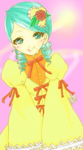 Rating: Safe Score: 0 Tags: 1girl dress drill_hair flower frills green_hair image juliet_sleeves kanaria long_sleeves looking_at_viewer pink_background puffy_sleeves ribbon simple_background smile solo twin_drills yellow_dress User: admin