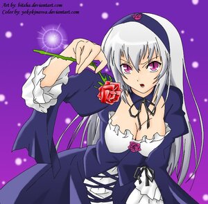 Rating: Safe Score: 0 Tags: 1girl breasts cleavage dress flower frills hairband image long_hair purple_background purple_eyes rose silver_hair solo suigintou User: admin
