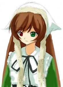 Rating: Safe Score: 0 Tags: 1girl black_ribbon brown_hair dress frills green_eyes head_scarf heterochromia image long_hair long_sleeves looking_at_viewer red_eyes ribbon simple_background solo suiseiseki upper_body white_background User: admin