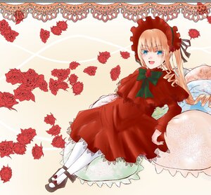 Rating: Safe Score: 0 Tags: 1girl blonde_hair blue_eyes blush bonnet bow capelet dress drill_hair flower hat image long_hair long_sleeves open_mouth pantyhose pink_flower pink_rose red_capelet red_flower red_rose rose shinku shoes smile solo striped twin_drills twintails white_legwear User: admin