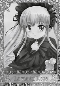 Rating: Safe Score: 0 Tags: 1girl blush border bow bowtie dress greyscale image long_hair long_sleeves looking_at_viewer monochrome shikishi shinku simple_background solo twintails upper_body User: admin