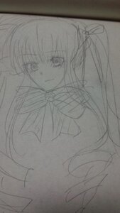 Rating: Safe Score: 0 Tags: 1girl bow bowtie hair_ribbon image long_hair looking_at_viewer monochrome photo ribbon shinku simple_background sketch smile solo traditional_media twintails white_background User: admin