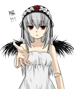 Rating: Safe Score: 3 Tags: 1girl bare_shoulders collarbone dress flower hairband image long_hair looking_at_viewer red_eyes rose silver_hair simple_background solo suigintou upper_body white_background wings User: admin