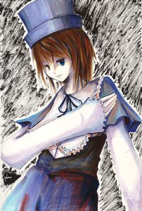 Rating: Safe Score: 0 Tags: 1girl blue_dress blue_eyes blue_headwear brown_hair dress frills hat image long_sleeves short_hair solo souseiseki traditional_media User: admin