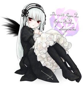 Rating: Safe Score: 3 Tags: 1girl black_footwear black_wings blush boots closed_mouth dress flower frills full_body hairband image juliet_sleeves long_hair long_sleeves looking_at_viewer red_eyes rose sitting solo suigintou very_long_hair wings User: admin