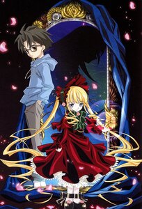 Rating: Safe Score: 0 Tags: 1boy 1girl blonde_hair blue_eyes bonnet bow brown_eyes dress glasses hood image long_hair looking_at_viewer pants petals red_dress rose_petals shinku shoes solo twintails very_long_hair User: admin