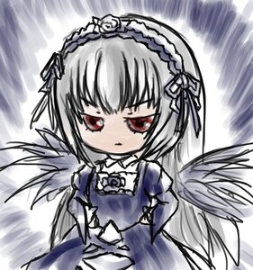 Rating: Safe Score: 0 Tags: 1girl bangs black_wings closed_mouth detached_collar dress flower frills hairband image lolita_hairband long_sleeves looking_at_viewer red_eyes rose silver_hair solo suigintou wings User: admin