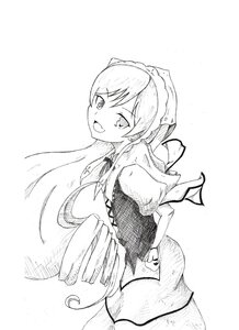 Rating: Safe Score: 0 Tags: 1girl :d apron bangs blush dress eyebrows_visible_through_hair greyscale image long_hair looking_at_viewer monochrome open_mouth smile solo suiseiseki very_long_hair User: admin