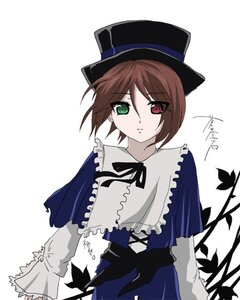 Rating: Safe Score: 0 Tags: 1girl blue_dress brown_hair capelet dress frills green_eyes hat heterochromia image long_sleeves looking_at_viewer red_eyes ribbon short_hair simple_background solo souseiseki top_hat white_background User: admin