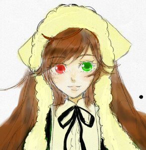 Rating: Safe Score: 0 Tags: 1girl bangs black_ribbon brown_hair closed_mouth dress frills green_eyes hat head_scarf heterochromia image long_hair long_sleeves looking_at_viewer red_eyes ribbon simple_background smile solo suiseiseki upper_body User: admin