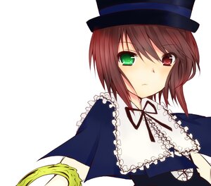Rating: Safe Score: 0 Tags: 1girl black_headwear blue_dress blush brown_hair collar dress frills green_eyes hat heterochromia image looking_at_viewer red_eyes ribbon short_hair simple_background solo souseiseki top_hat upper_body white_background User: admin