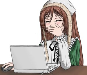 Rating: Safe Score: 0 Tags: 1girl blush brown_hair closed_eyes covering_mouth food green_dress image long_hair long_sleeves simple_background solo suiseiseki table User: admin