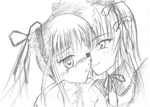 Rating: Safe Score: 0 Tags: 2girls blush eye_contact greyscale image long_hair looking_at_another looking_at_viewer monochrome multiple_girls pair shinku simple_background smile suigintou white_background yuri User: admin