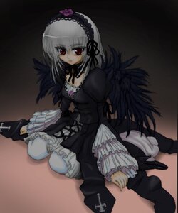 Rating: Safe Score: 0 Tags: 1girl black_dress black_wings commentary_request detached_collar dress flower frilled_sleeves frills full_body hairband image ishikkoro juliet_sleeves long_hair long_sleeves looking_at_viewer lowres photoshop_(medium) puffy_sleeves red_eyes rose rozen_maiden silver_hair simple_background sitting solo suigintou wings User: admin