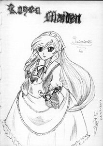 Rating: Safe Score: 0 Tags: 1girl dated dress frills greyscale hair_over_one_eye image long_hair long_sleeves looking_at_viewer monochrome simple_background solo suiseiseki traditional_media very_long_hair white_background User: admin