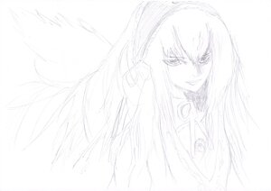 Rating: Safe Score: 0 Tags: 1girl dress feathered_wings hairband image long_hair long_sleeves looking_at_viewer monochrome simple_background smile solo suigintou upper_body white_background wings User: admin