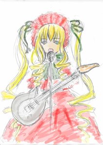 Rating: Safe Score: 0 Tags: 1girl blonde_hair blue_eyes bonnet bow bowtie dress image long_hair long_sleeves red_dress shinku simple_background solo traditional_media twintails white_background User: admin