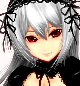 Rating: Safe Score: 0 Tags: 1girl black_ribbon choker close-up closed_mouth face flower gothic_lolita hair_ribbon image lolita_fashion looking_at_viewer portrait red_eyes ribbon silver_hair simple_background smile solo suigintou white_background User: admin