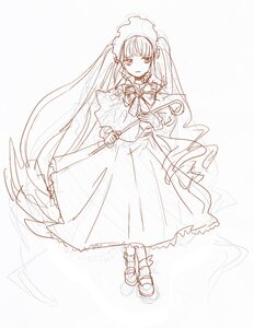 Rating: Safe Score: 0 Tags: 1girl bow bowtie capelet dress full_body image long_hair long_sleeves looking_at_viewer monochrome shinku sketch solo standing striped very_long_hair User: admin