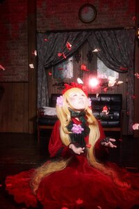 Rating: Safe Score: 0 Tags: 1girl blonde_hair bow closed_eyes curtains dress flower hair_bow indoors long_hair petals red_dress rose shinku sitting solo User: admin