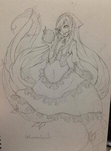 Rating: Safe Score: 0 Tags: 1girl apple dress frills fruit greyscale image long_hair long_sleeves looking_at_viewer monochrome monster_girl sketch smile solo suiseiseki traditional_media twitter_username very_long_hair User: admin