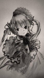 Rating: Safe Score: 0 Tags: 1girl dress greyscale image lace long_hair looking_at_viewer monochrome ribbon shinku simple_background solo twintails upper_body User: admin