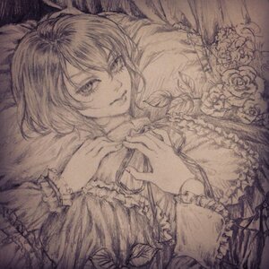 Rating: Safe Score: 0 Tags: 1girl auto_tagged closed_mouth flower frills graphite_(medium) image long_sleeves looking_at_viewer lying monochrome on_back rose short_hair smile solo souseiseki traditional_media User: admin