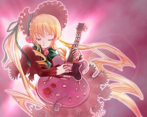 Rating: Safe Score: 0 Tags: 1girl blonde_hair blue_eyes bonnet bow dress flower image instrument long_hair long_sleeves music one_eye_closed red_dress rose shinku solo twintails very_long_hair User: admin