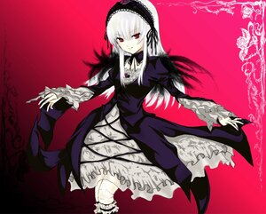 Rating: Safe Score: 0 Tags: 1girl detached_collar dress flower frilled_sleeves frills hairband image long_hair long_sleeves looking_at_viewer red_eyes rose silver_hair solo suigintou very_long_hair wings User: admin