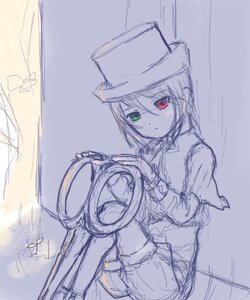 Rating: Safe Score: 0 Tags: 1girl green_eyes hat heterochromia image long_sleeves red_eyes short_hair sitting sketch solo souseiseki User: admin