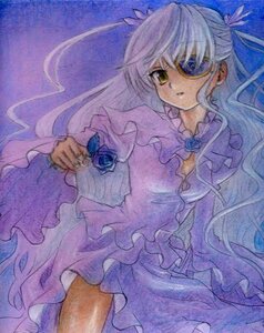 Rating: Safe Score: 0 Tags: 1girl barasuishou blue_flower blue_rose dress eyepatch flower frills hair_ribbon image long_hair purple_flower purple_rose ribbon rose silver_hair solo traditional_media very_long_hair yellow_eyes User: admin