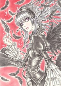 Rating: Safe Score: 0 Tags: 1girl acrylic_paint_(medium) bird black_dress black_feathers black_wings colored_pencil_(medium) crow dress feathered_wings feathers flower frilled_sleeves frills gothic_lolita hairband image lolita_fashion long_hair long_sleeves looking_at_viewer marker_(medium) pink_eyes purple_eyes ribbon rose silver_hair solo suigintou traditional_media watercolor_(medium) white_feathers wings User: admin