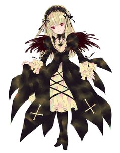 Rating: Safe Score: 0 Tags: 1girl auto_tagged black_wings blonde_hair boots dress frills full_body hairband image lolita_hairband long_hair long_sleeves looking_at_viewer puffy_sleeves red_eyes ribbon simple_background solo standing suigintou white_background wings User: admin