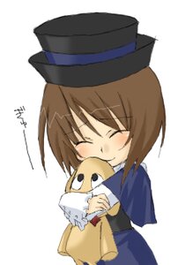 Rating: Safe Score: 0 Tags: 1girl black_headwear blush boko_(girls_und_panzer) brown_hair closed_eyes hat holding image long_sleeves nishizumi_maho simple_background smile solo souseiseki stuffed_animal top_hat uniform upper_body white_background User: admin