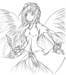 Rating: Safe Score: 0 Tags: 1girl angel_wings breasts cowboy_shot dress greyscale image long_hair long_sleeves looking_at_viewer monochrome puffy_sleeves simple_background solo suigintou white_background wings User: admin