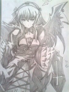 Rating: Safe Score: 0 Tags: 1girl detached_collar dress flower frills hairband image long_hair long_sleeves looking_at_viewer monochrome simple_background solo suigintou traditional_media wings User: admin