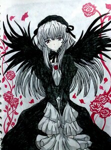 Rating: Safe Score: 0 Tags: 1girl black_dress black_wings blush dress flower frills hairband image long_hair long_sleeves looking_at_viewer petals red_flower red_rose rose solo suigintou traditional_media wings User: admin