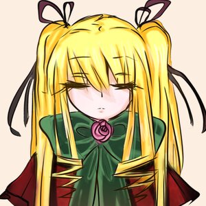 Rating: Safe Score: 0 Tags: 1girl blonde_hair blush closed_eyes dress flower hair_ribbon image long_hair long_sleeves pink_rose ribbon rose shinku simple_background solo User: admin