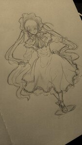 Rating: Safe Score: 0 Tags: 1girl bow dress frills full_body image long_hair long_sleeves monochrome photo shinku sketch solo standing traditional_media twintails very_long_hair User: admin