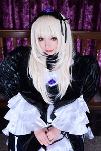 Rating: Safe Score: 0 Tags: 1girl black_dress dress flower frills gothic_lolita hairband lips lolita_fashion long_hair long_sleeves looking_at_viewer red_eyes rose solo suigintou white_hair User: admin