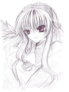 Rating: Safe Score: 0 Tags: 1girl bangs blush dress greyscale image long_hair long_sleeves looking_at_viewer monochrome simple_background sketch smile solo suigintou upper_body white_background User: admin